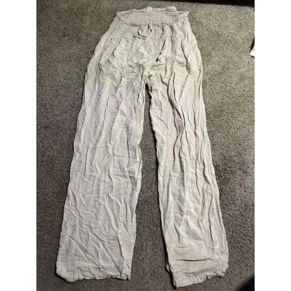 Paradise Island Beige Smocked Waist Linen Blend Wide Leg Pants One‎ Size